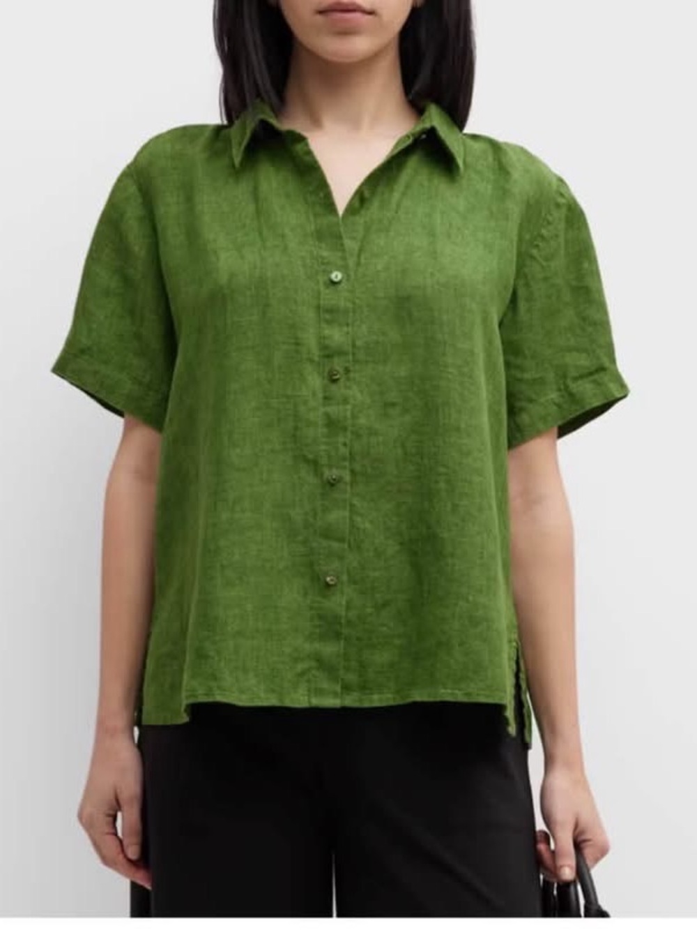 Eileen Fisher Short-Sleeve Button-Down Linen Shirt in Green size XL new breezy